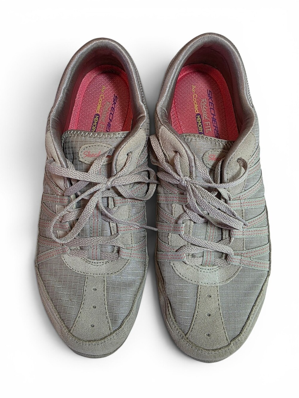Skechers Relaxed Fit Air Cooled Lace Up Sneakers Tan Gray Pink Insole Sz 11 EUC